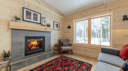 Cozy cabin living room with fireplace, winter view, and comfortable seating. Perfect for relaxation and winter getaways