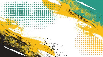 Abstract Grunge Background with Yellow, Teal and Black Paint Splashes and Halftone Dots