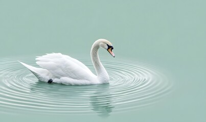Fototapeta premium Elegant swan swimming serene lake, calm water, peaceful background, nature poster
