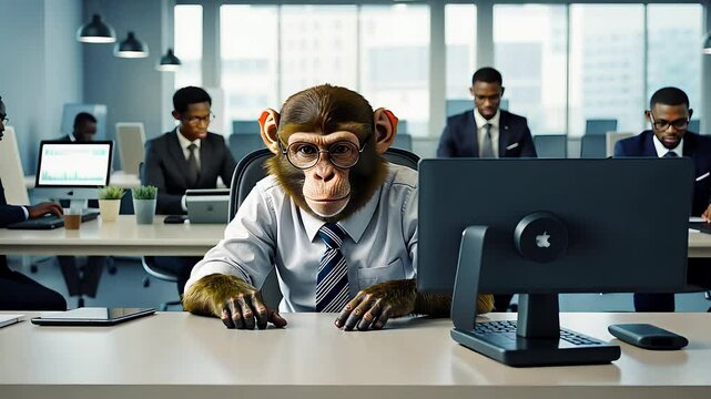 Monkey in Business Attire Sitting at a Desk in a Modern Office with Computers and Professionals Working in the Background

