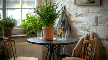 Cozy cafe corner, plants, drinks, stone wall, relaxed atmosphere, ideal for food blog