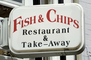 Sign Fish and Chips Restaurant and Take Away England Great Britain