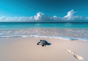 Serene Scene of a Sea Turtle on Sandy Beach with Calm Ocean Waves and Dramatic Cloudy Sky in Background Capturing Nature's Beauty