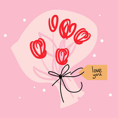 Beautiful bouquet of tulips. Modern doodle illustrations for cute design, posters, greeting cards for International Womens Day, Mothers Day, Valentines Day. Vector illustration.