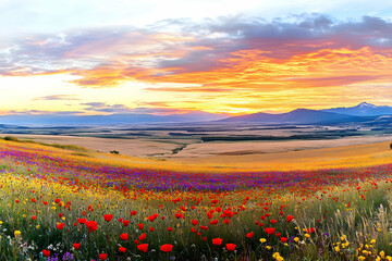 Obraz premium Vibrant Wildflower Meadow Meets Golden Fields Under a Dramatic Sunset Sky with Majestic Mountains