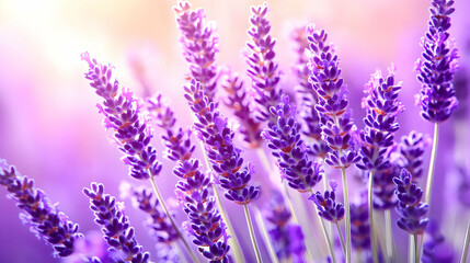 Naklejka premium Lavender Flowers Bloom Beautifully in a Softly Lit Field with Gentle Purple Hues and Sunlight.