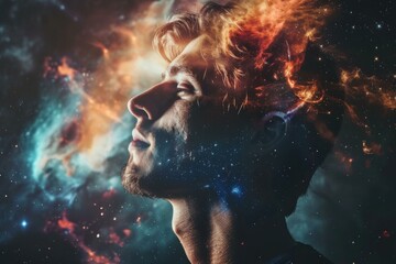 Double exposure portrait of man with universe inside his mind, exploring cosmos, stars and nebulae