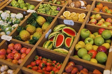 Little fruits made out of wood on the annual fair Auerdult in Munich Germany
