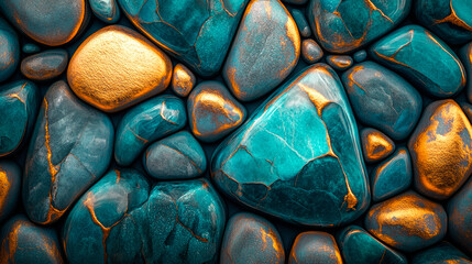 Abstract background of various shapes of pebbles  in a teal, gold, and blue colors.