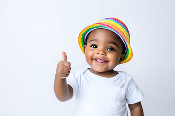 Portrait of cute smiling child gives a thumbs up isolated on white background