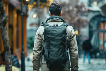 Fototapeta premium Young man with backpack walking in city center exploring new destinations