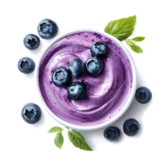 Blueberry yogurt decorated with blueberries and green leaves, flat lay, isolated on white background