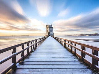 Fototapeta premium Snowy Wooden Pier Leads to Majestic Tower Across Icy Water Under Pastel Sky at Sunrise