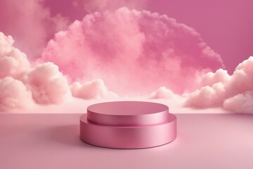 Pink podium with pink clouds background
