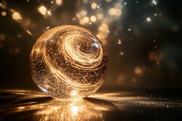 A brilliant crystal sphere resting on a glossy surface, illuminated by beams of light that make the sphere appear to be filled with swirling glitter, creating a sense of wonder.