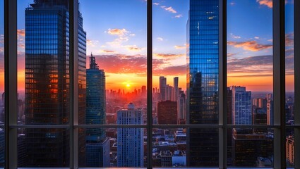 Stunning sunset reflected in skyscraper window over city