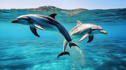 Beautiful dolphins swimming in the ocean, stunning underwater photography, clear blue water, bright light, clean background