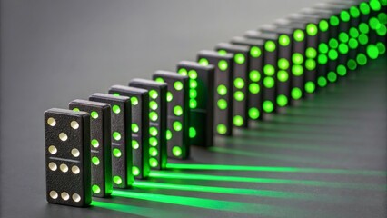 Green Light Dominoes in a Falling Sequence on Dark Background with Shadows and Depth Effects
