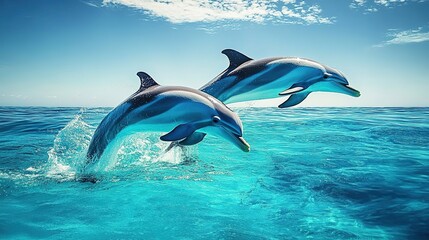 Obraz premium Beautiful dolphins swimming in the ocean, stunning underwater photography, clear blue water, bright light, clean background