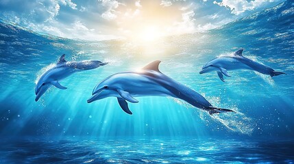 Fototapeta premium Beautiful dolphins swimming in the ocean, stunning underwater photography, clear blue water, bright light, clean background