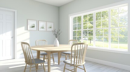 Bright Dining Room with Wooden Table and Chairs