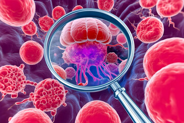 Fototapeta premium Magnifying Glass Examines Cancer Cell Development and Proliferation in Tissue Sample.
