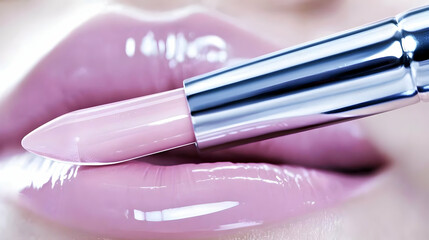 Glossy Pink Lipstick Applied to Shiny Lips in Close-up Beauty Shot, Highlighting Texture and Color