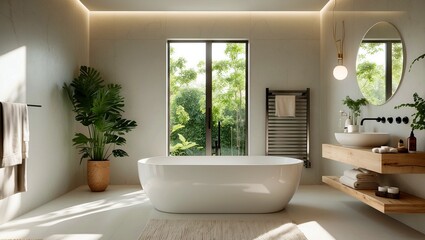 Sunlit modern minimalist bathroom with freestanding bathtub
