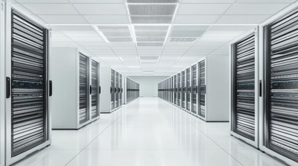 A sleek computer server room with rows of high-performance servers, modern and organized layout, Futuristic style