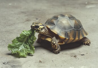 Obraz premium Tortoise Eating Fresh Green Lettuce on Gray Concrete Background in Natural Light Setting