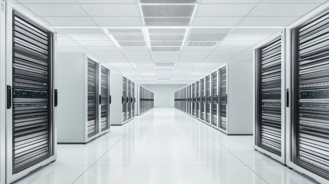A sleek computer server room with rows of high-performance servers, modern and organized layout, Futuristic style