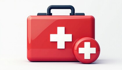 Obraz premium Glossy Red First Aid Kit with Black Handle and White Plus Sign: Medical Emerncy Essentials