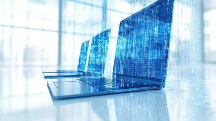 Laptops displaying data streams in bright office with blurred background figures