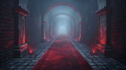 Mysterious dimly lit corridor with red accents and fog, leading into an unknown space