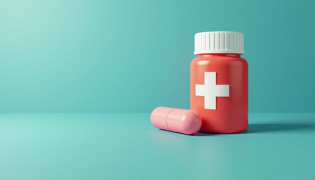 Blue Background Ima: Red Pill Bottle with White Plus Sign & Pink Pill
