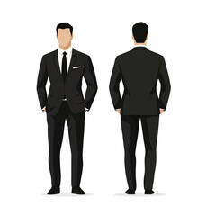 Vector illustration of a businessman in a black suit, white shirt, and tie, shown from front and back. Ideal for corporate, professional, and formal attire-related designs.