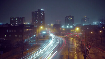 Fototapeta premium Night Cityscape Urban Traffic Light Trails Scenic View Road Long Cars Blur Dark Lights Street Modern