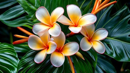Fototapeta premium Vibrant closeup of frangipani flowers against green leaves
