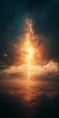 Obraz premium A bright yellow lightning bolt shoots out of a dark storm cloud. The sky is filled with stars and the ocean is in the background