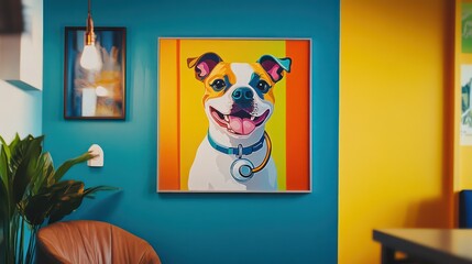A modern dog doctor sign in bright colors, featuring a smiling dog and a stethoscope, hangs on the wall of a sleek, contemporary clinic,