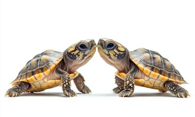 Obraz premium Two Turtles Facing Each Other on a White Background, Capturing Nature's Beauty and Playful Behavior in Close-Up Detail and Vibrant Colors