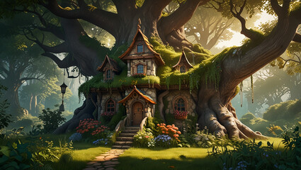 Fototapeta premium illustration An enchanting fantasy house among towering trees on a sunny day