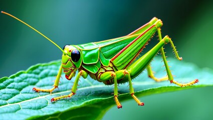 Vibrant green grasshopper resting on leaf surface