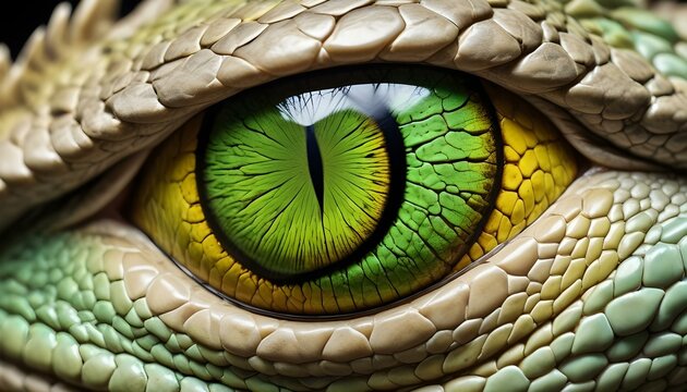 Un primer plano del ojo de un reptil, probablemente una serpiente o un lagarto. El ojo es grande y vibrante, con un llamativo iris verde y dorado y una pupila vertical