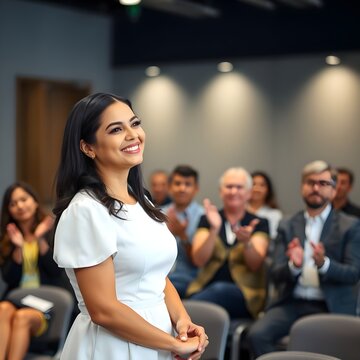 Imagen de una hispana vestida de un vestido blanco y sonriendo felizmente despu&eacute;s de su presentaci&oacute;n anterior. Las personas sentadas mir&aacute;ndola aplauden.