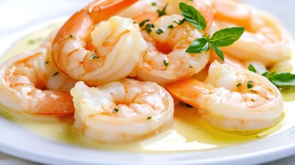 Gourmet Shrimp Dish with Herb Garnish on Elegant White Plate
