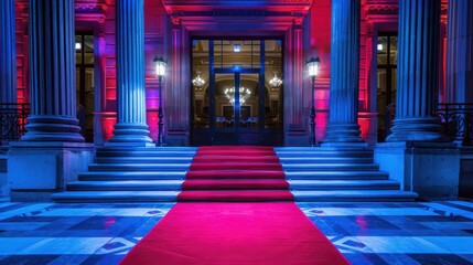 Elegant entrance of a grand building with red carpet and colorful lighting at night