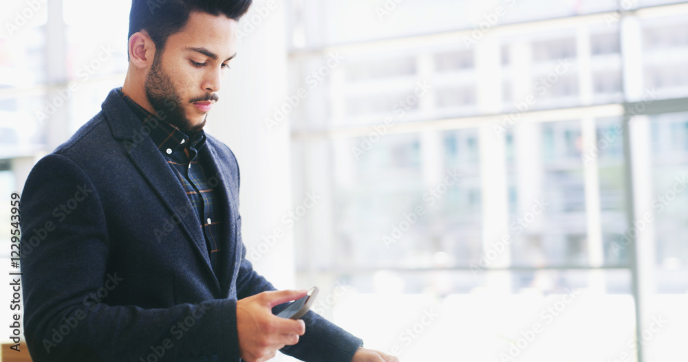 Leinwandbilder reading email, phone and business man in office with online texting, message and networking. profess