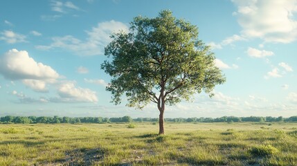Obraz premium A single tree standing tall in the middle of an open field under a blue sky, with green grass and sunlight filtering through its leaves