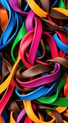 Colorful rubber bands interlocked in a tangled mess.